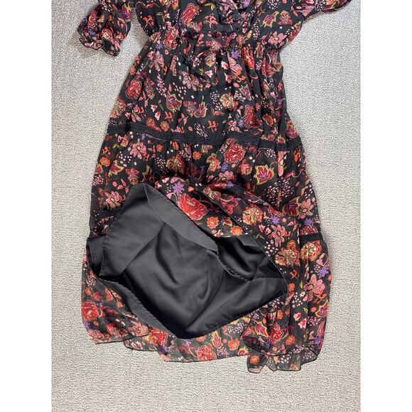 Floral Ruffle Midi Dress - Black and Red - Picture 5 of 9